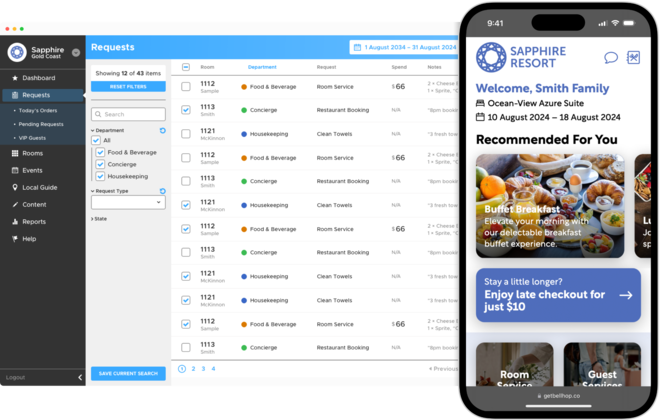 A smartphone displaying the Bellhop guest compendium system’s home screen standing in front of a laptop displaying the Bellhop administration system interface.